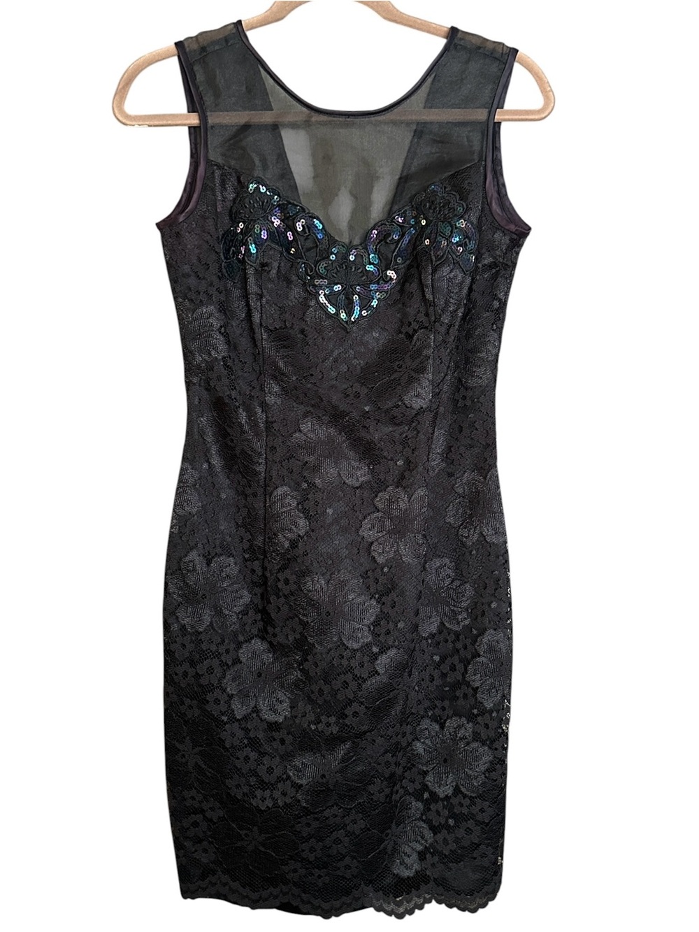 VTG Sequin Jessica McClintock Gunne Sax Party Cocktail Dress Black Lace Sz 9/10